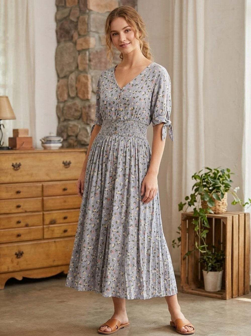 Reborn Dusty Lavender Floral Midi Dress with Smocked Waist